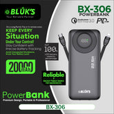 BLUK’S BX-306 20000mAh SwiftCharge Power Bank with 22.5W Fast Charging, PD QC 3.0, Type-C and Lightning Built-in Cables, and Digital Battery Display