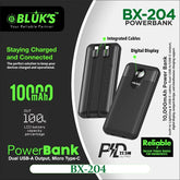 BLUK’S BX-204 10000mAh PD 22.5W Fast Charging Power Bank with Dual USB-A, Integrated Type-C & Lightning Cables, and Digital Display